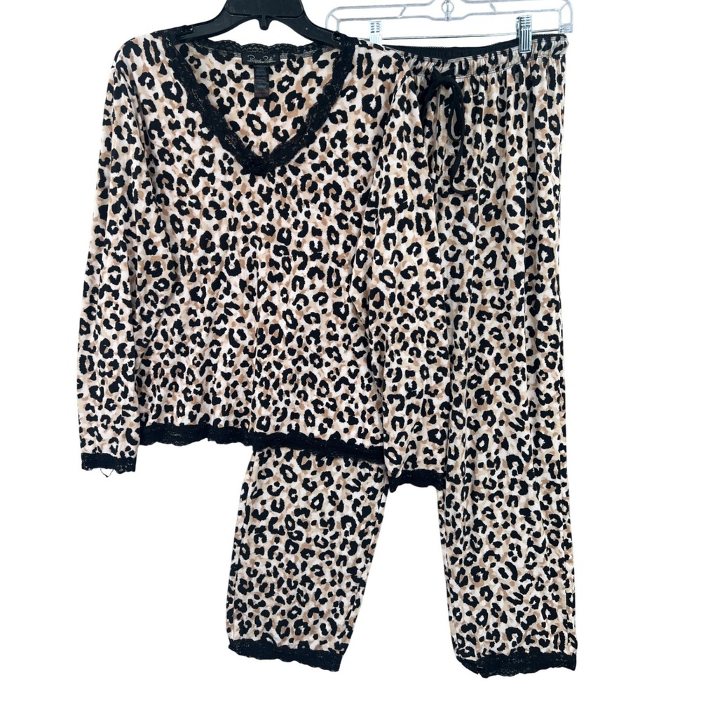 René Rofé Leopard Print Lounge Pajama Set Size M Tan Black‎ Lace Trim Lounge